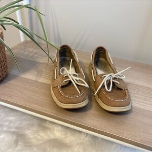 Sperry Brown Leather Boat Shoes with White Laces